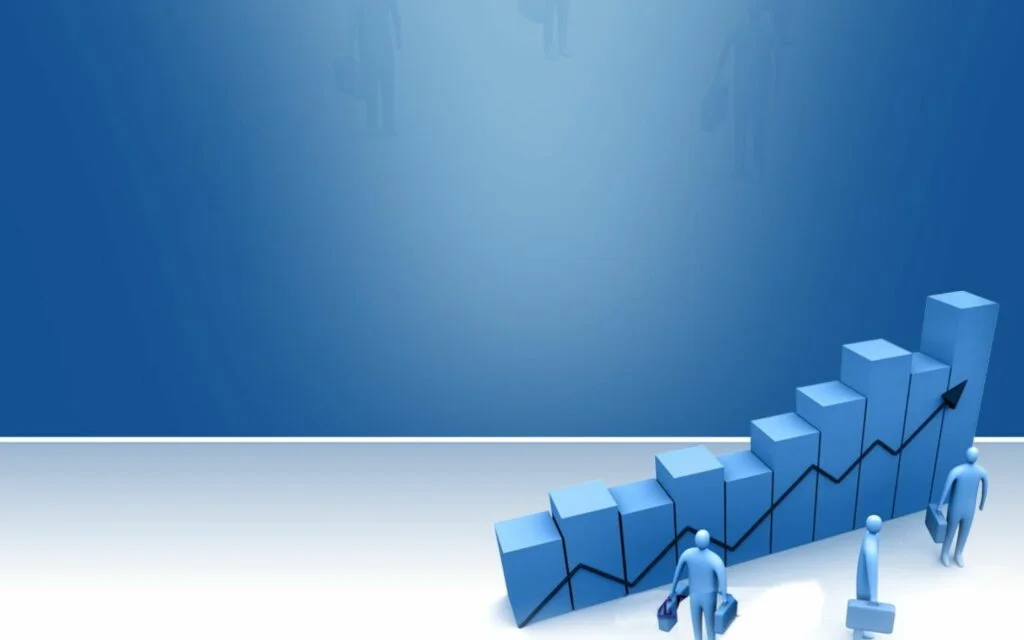 Nền xanh dương tối giản với biểu đồ khối và nhân vật doanh nghiệp, thích hợp cho PowerPoint