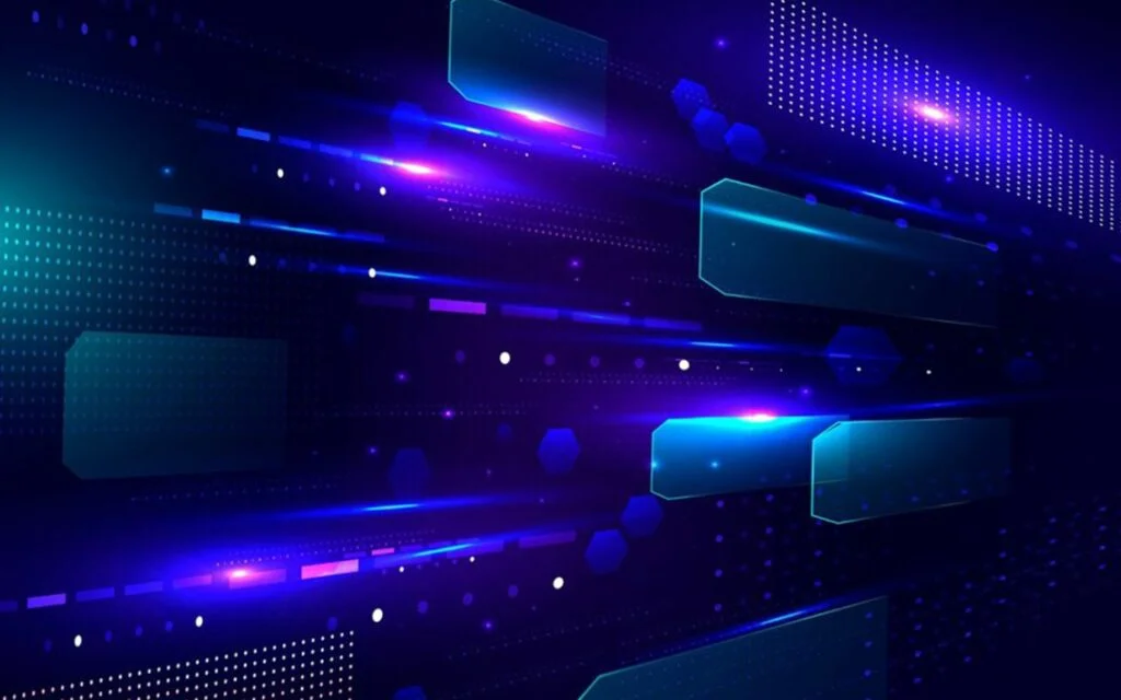 Hình nền PowerPoint đẹp màu xanh tím với các dải sáng và khối 3D