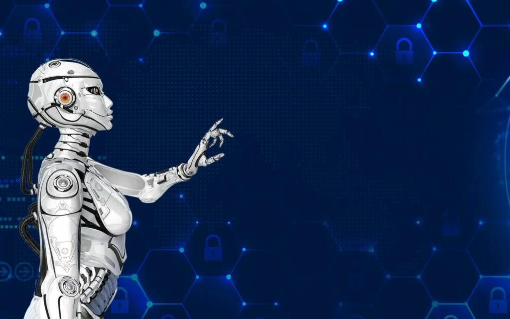 Hình nền PowerPoint đẹp với robot hình người trên nền công nghệ xanh