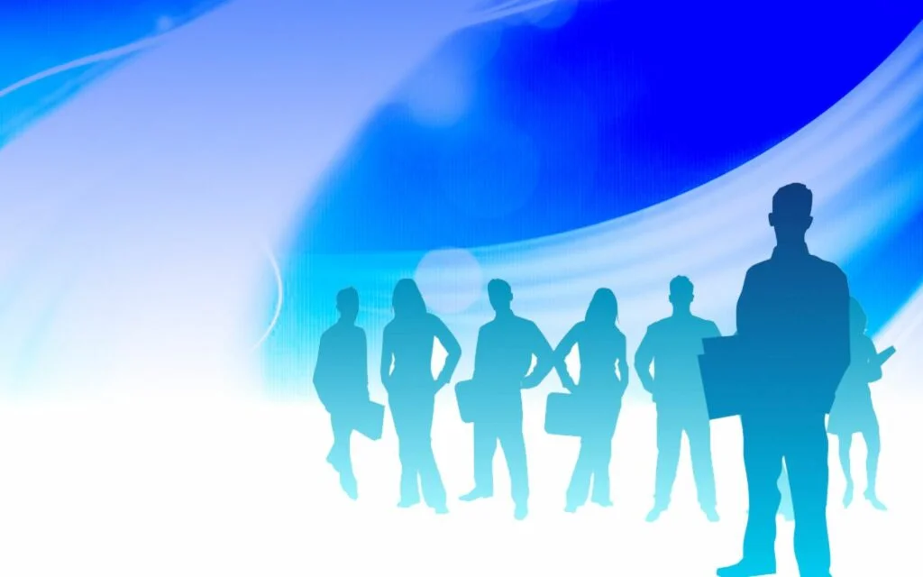 Hình nền PowerPoint đội ngũ nhân sự với các bóng người trên nền xanh trắng
