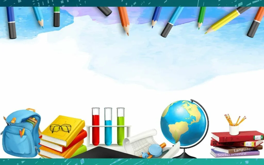 Hình nền PowerPoint giáo dục với sách, ba lô, bút màu và quả địa cầu