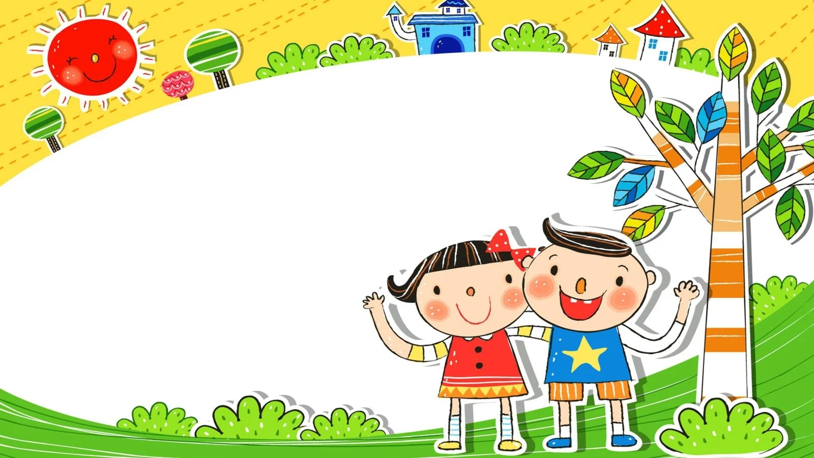 Nền minh họa trẻ em vui chơi giữa khung cảnh cây xanh và họa tiết nhiều màu