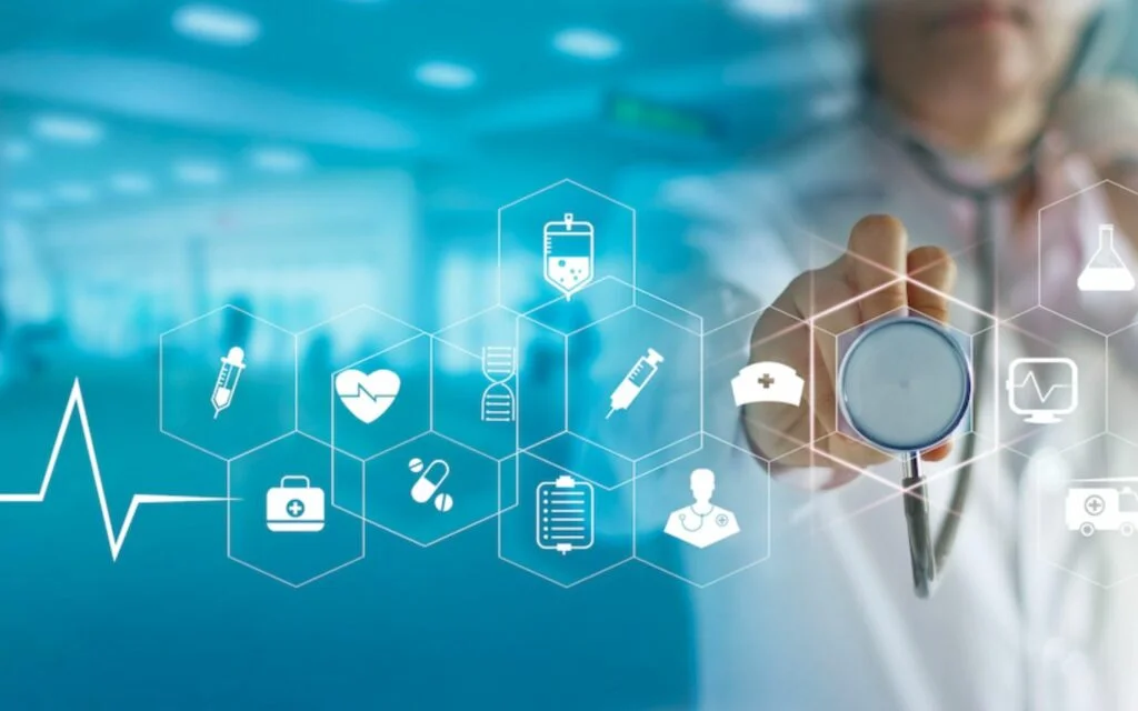 Hình nền PowerPoint đẹp về y tế với bác sĩ và các biểu tượng chăm sóc sức khỏe