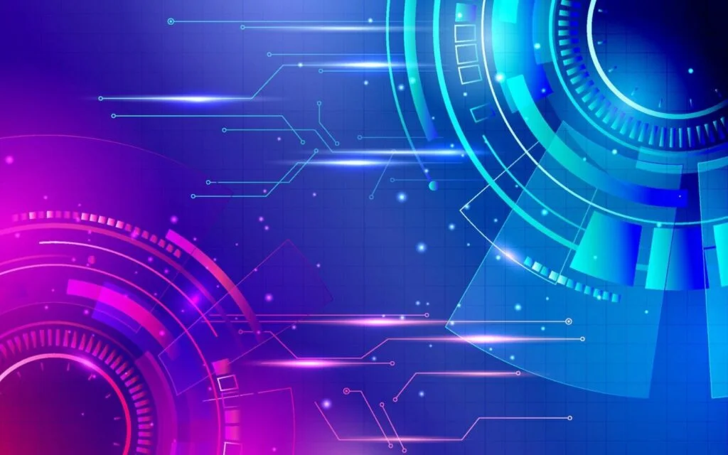 Hình nền PowerPoint đẹp trừu tượng với mạch điện tử và vòng tròn phát sáng