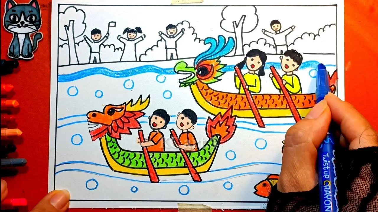 Vẽ lễ hội đua thuyền - hội xuân quê hương - vẽ theo hình thức ước lệ - yếu tố dân tộc trong tranh