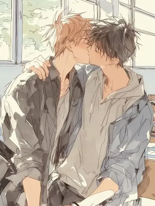 Hình ảnh anime sẽ gầy lãng mạn với hai nhân vật nam đang ôm hôn nhau tình tứ trong lớp học.