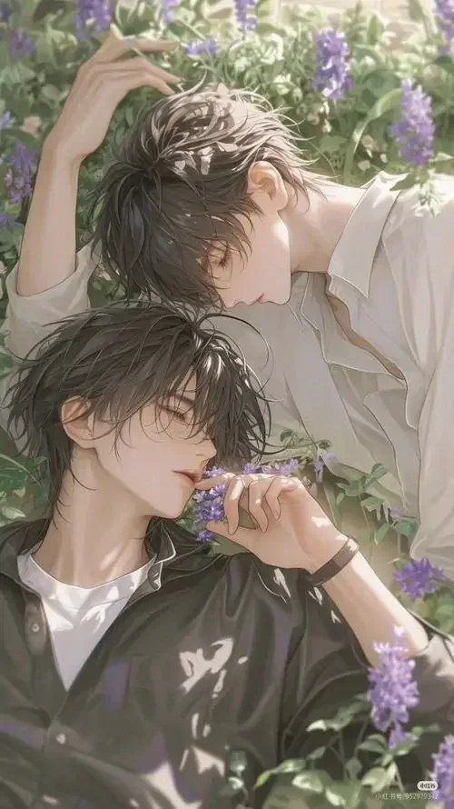 Hình nền anime sẽ gầy lãng mạn với hai nhân vật nam nằm giữa khu vườn hoa tím.
