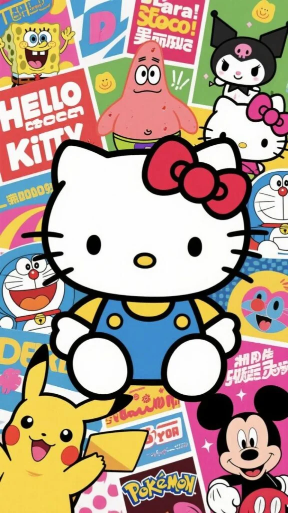Hình nền Hello Kitty với Sticker hoạt hình xung quanh