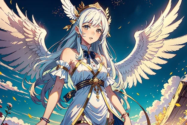 Ảnh nền máy tính anime với nữ thiên thần tóc bạc xanh, đôi cánh trắng dang rộng giữa bầu trời xanh và mây sáng