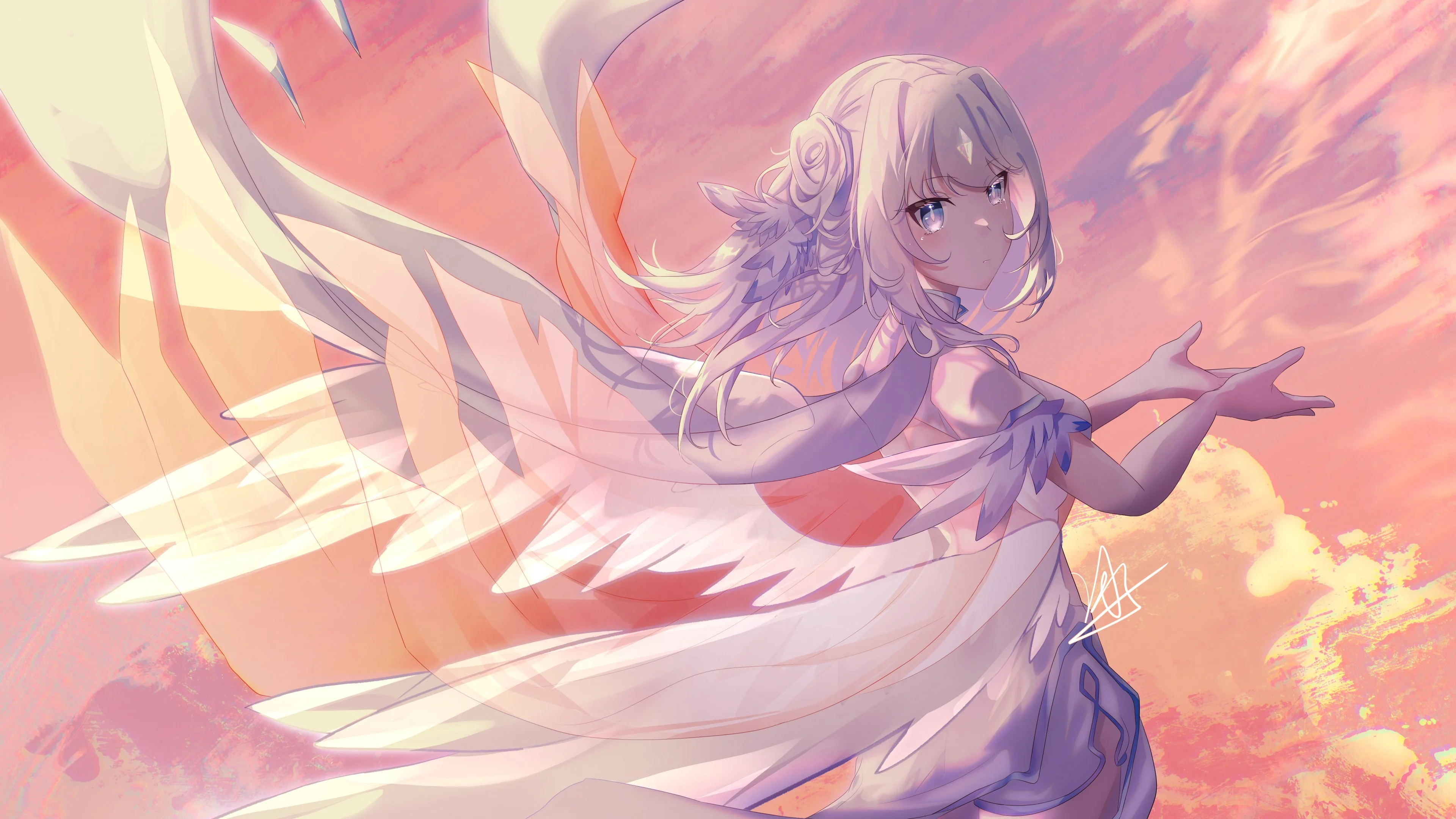 Ảnh nền máy tính anime cô gái thiên thần tóc hồng trong khung cảnh pastel