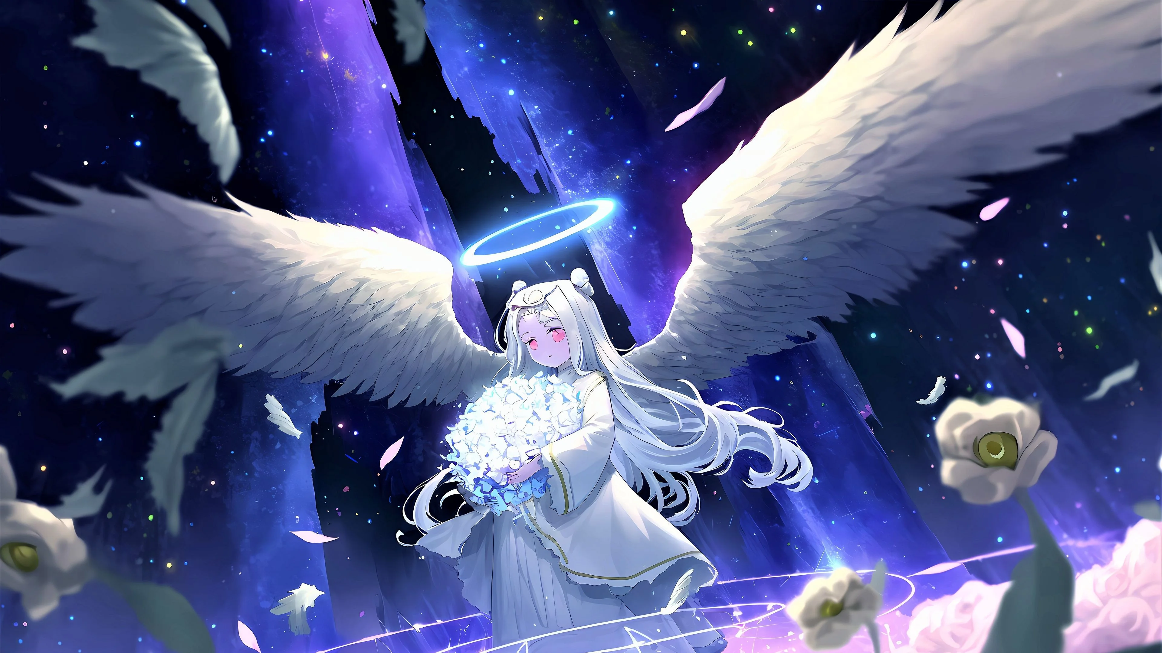 Ảnh nền máy tính thiên thần anime tóc trắng với đôi cánh lớn, vòng hào quang và hoa phát sáng giữa không gian vũ trụ huyền ảo