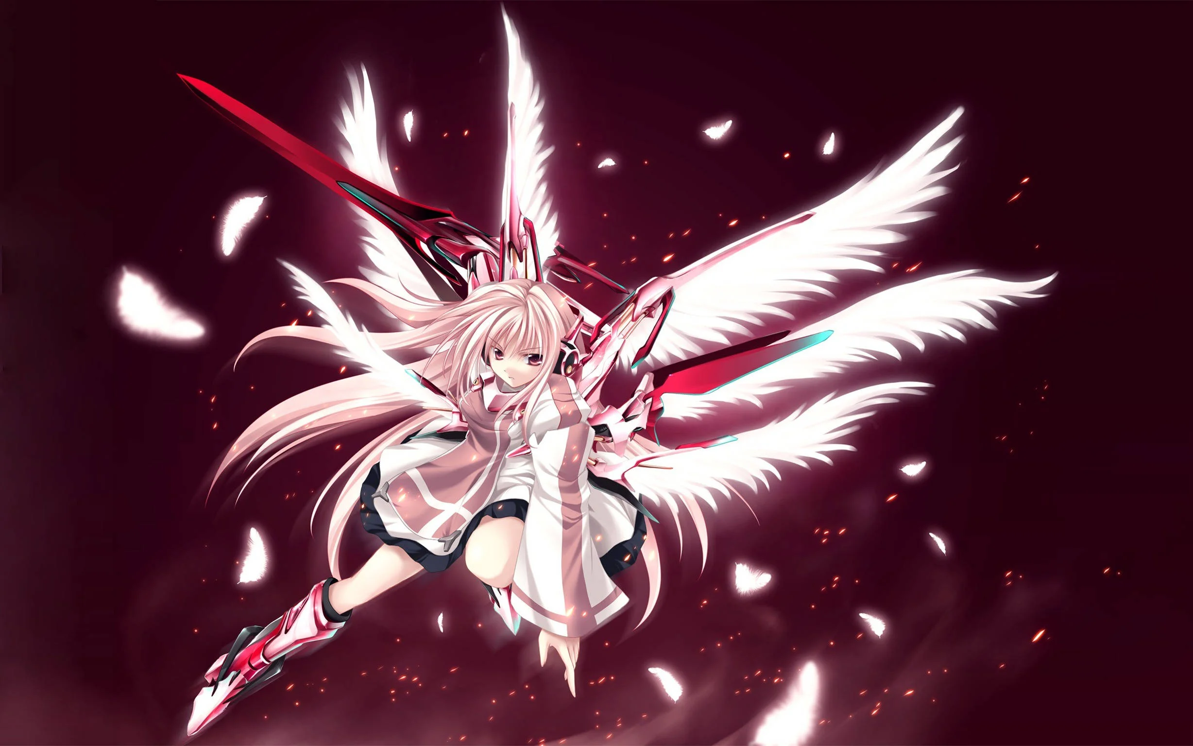 Ảnh nền máy tính anime thiên thần tóc trắng dang cánh trên nền đỏ