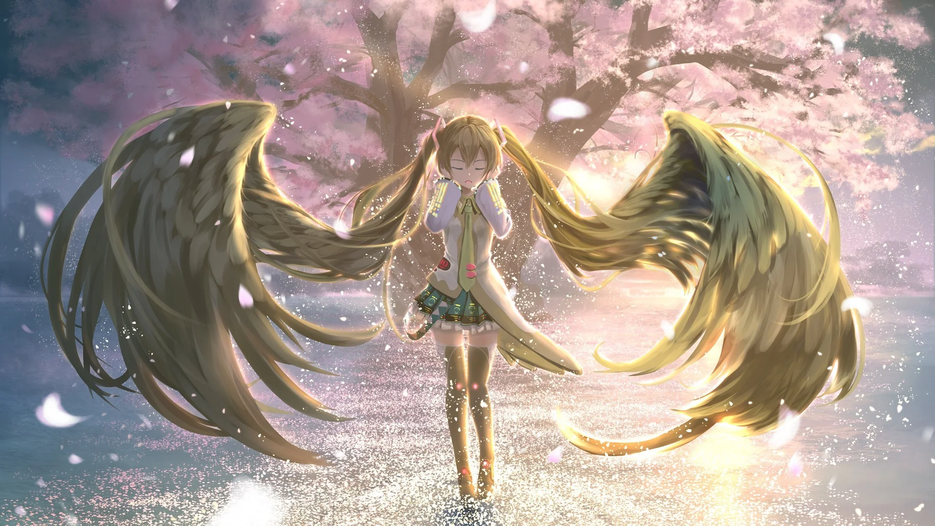 Ảnh nền máy tính anime cô gái thiên thần với đôi cánh lớn giữa hồ nước và hoa anh đào lúc hoàng hôn