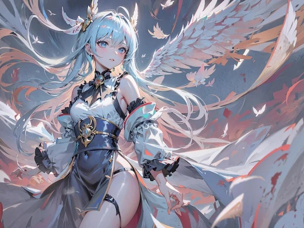 Ảnh nền máy tính anime cô gái tóc xanh với đôi cánh trắng giữa khung cảnh fantasy