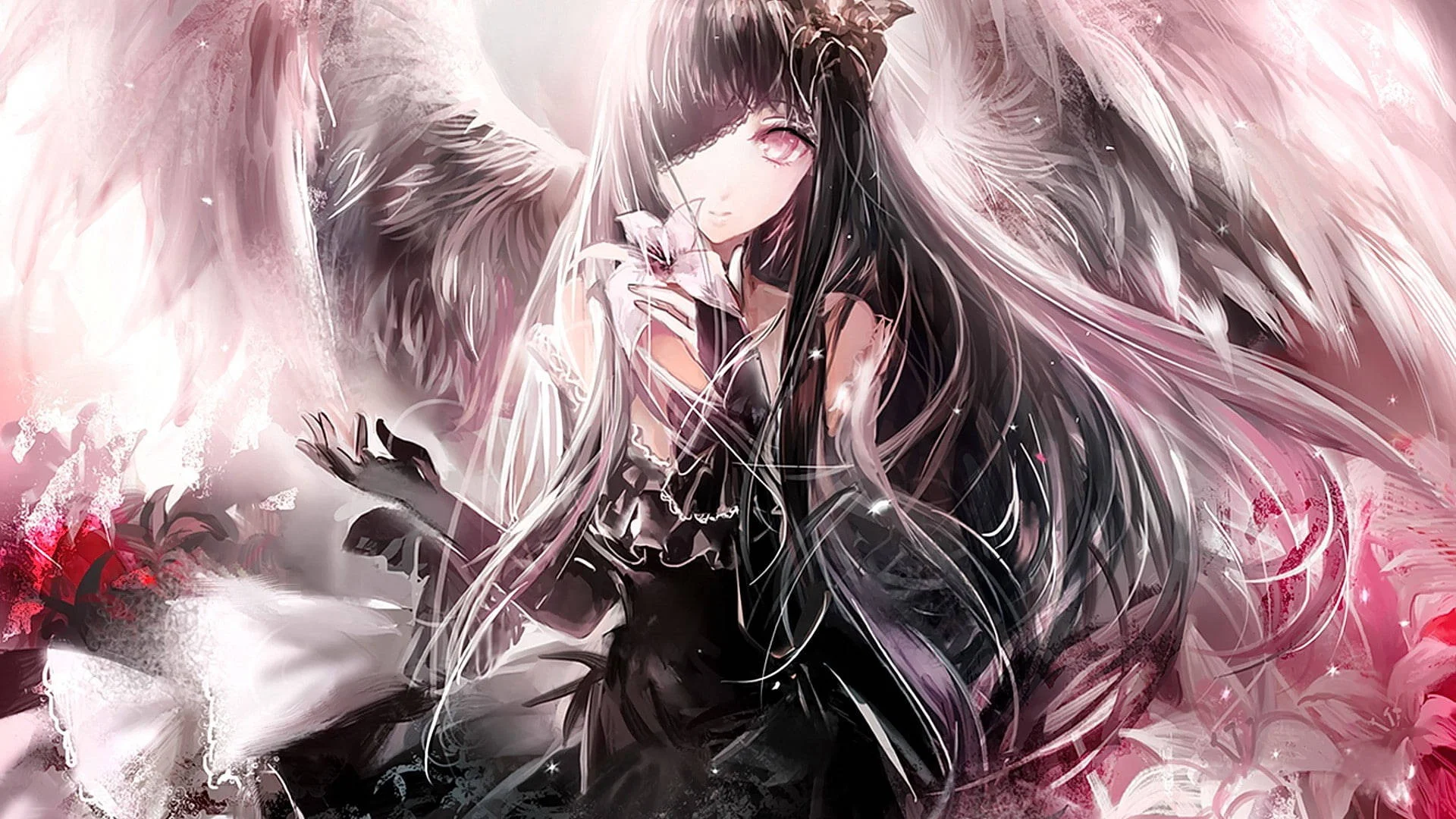 Ảnh nền máy tính anime cô gái tóc đen mặc váy đen bên đôi cánh trắng