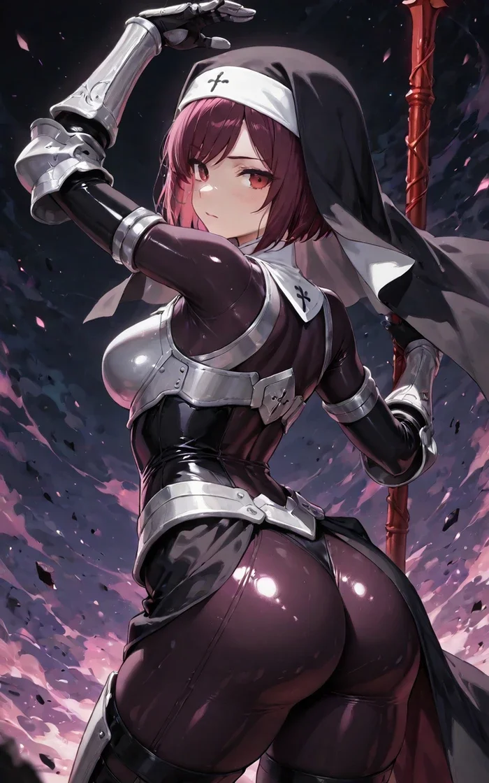 Hình ảnh hentai nữ tu chiến binh với trang phục giáp gợi cảm