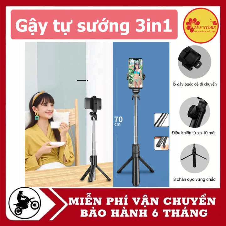 Gậy tự sướng 3in1 màu đen có tripod 3 chân và điều khiển từ xa 10 mét - dụng cụ tự sướng đa năng 70cm