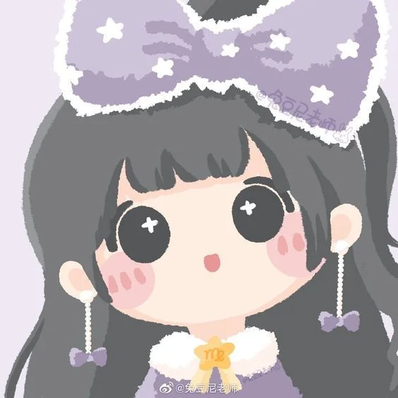 Hình chibi cute cô gái anime đội nơ tím có ngôi sao, mắt to lấp lánh