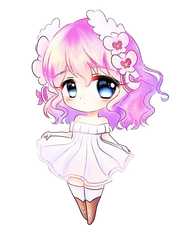 hình chibi cute cô gái tóc tím ngắn đính hoa