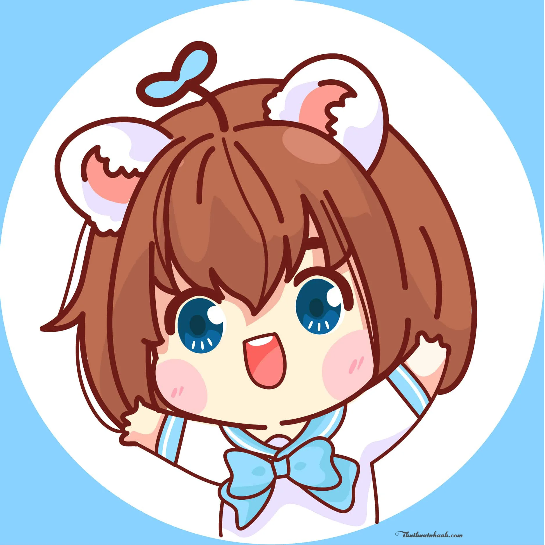 hình chibi cute cô gái tóc nâu xanh mắt xanh cúc dây trắng