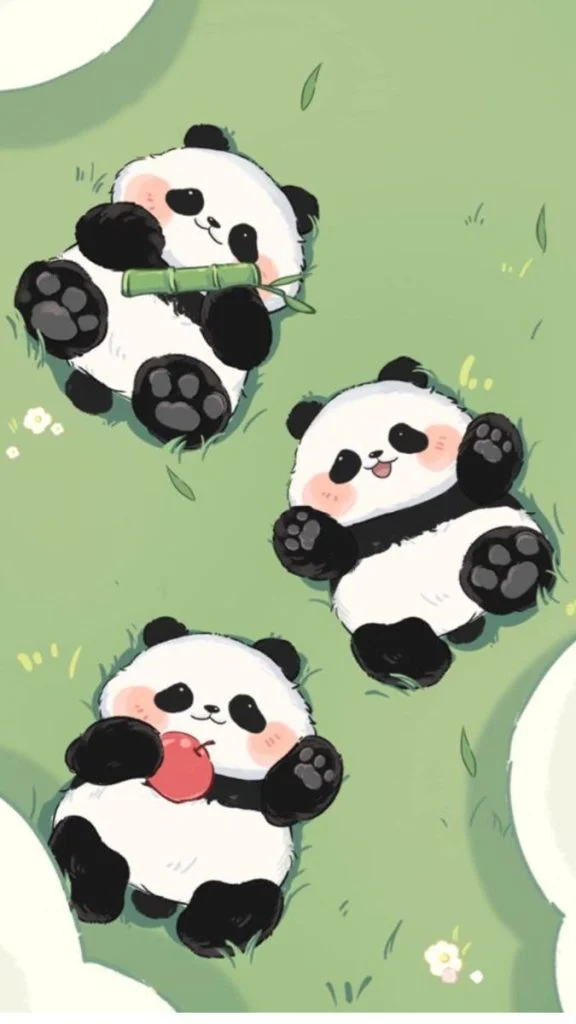 Hình chibi cute ba chú gấu trúc đang nằm trên bãi cỏ, một chú ăn trúc, một chú vẫy tay và một chú cầm táo đỏ.