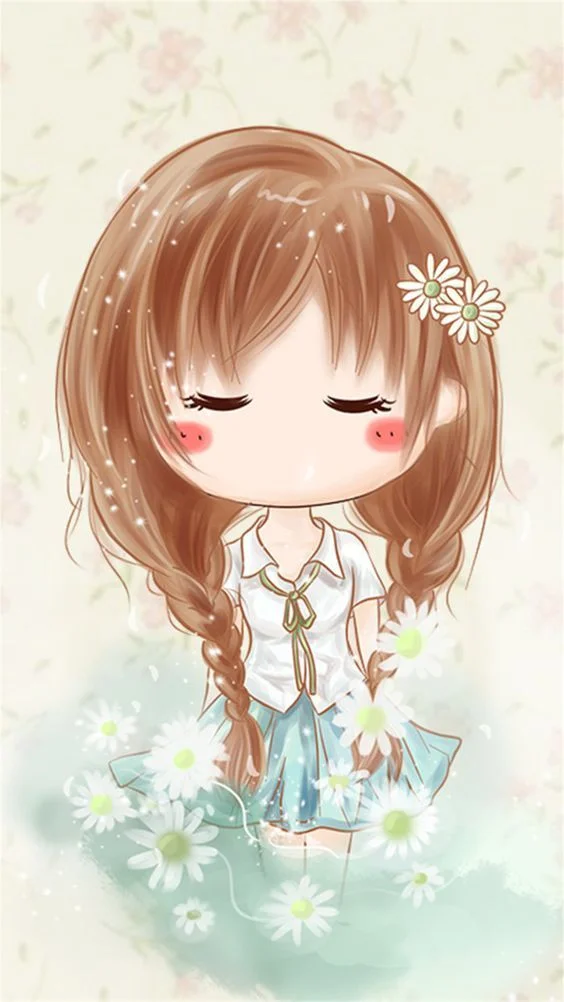 hình chibi cute cô gái tóc nâu dài cài hoa