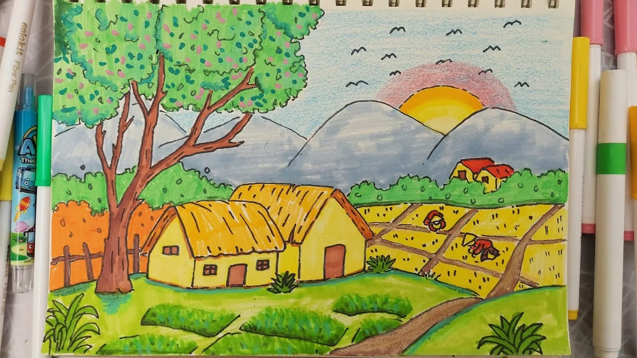 Vẽ tranh phong cảnh làng quê | Hướng dẫn vẽ và tô màu đơn giản #vetranh #tranhphongcanh #drawing
