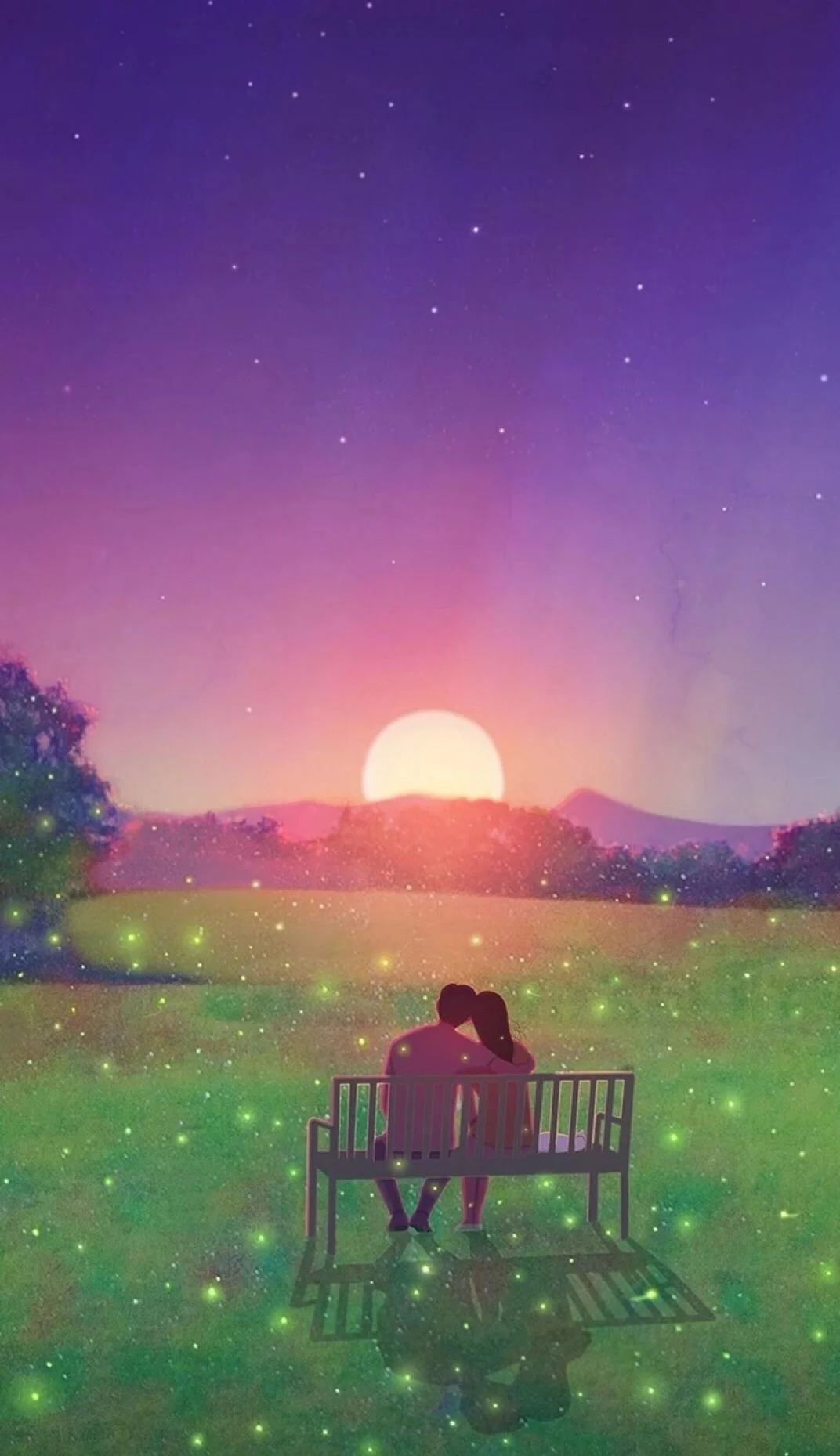 Hình nền chill lãng mạn với cặp đôi ngồi trên ghế ngắm hoàng hôn giữa cánh đồng ánh sáng lung linh