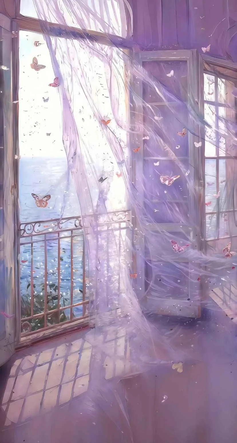 Hình nền chill phong cách cổ tích với căn phòng tím lavender, rèm voan bay, ánh nắng biển và những chú bướm