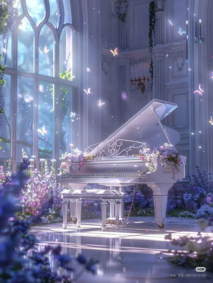 Hình nền chill với đàn piano trắng phủ hoa trong không gian cổ điển, ánh sáng xanh tím huyền ảo và những cánh bướm bay quanh.
