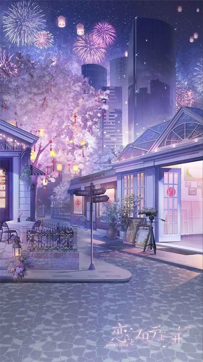 Hình nền chill anime thành phố ban đêm với hoa anh đào, đèn lồng và pháo hoa trong tông màu tím pastel
