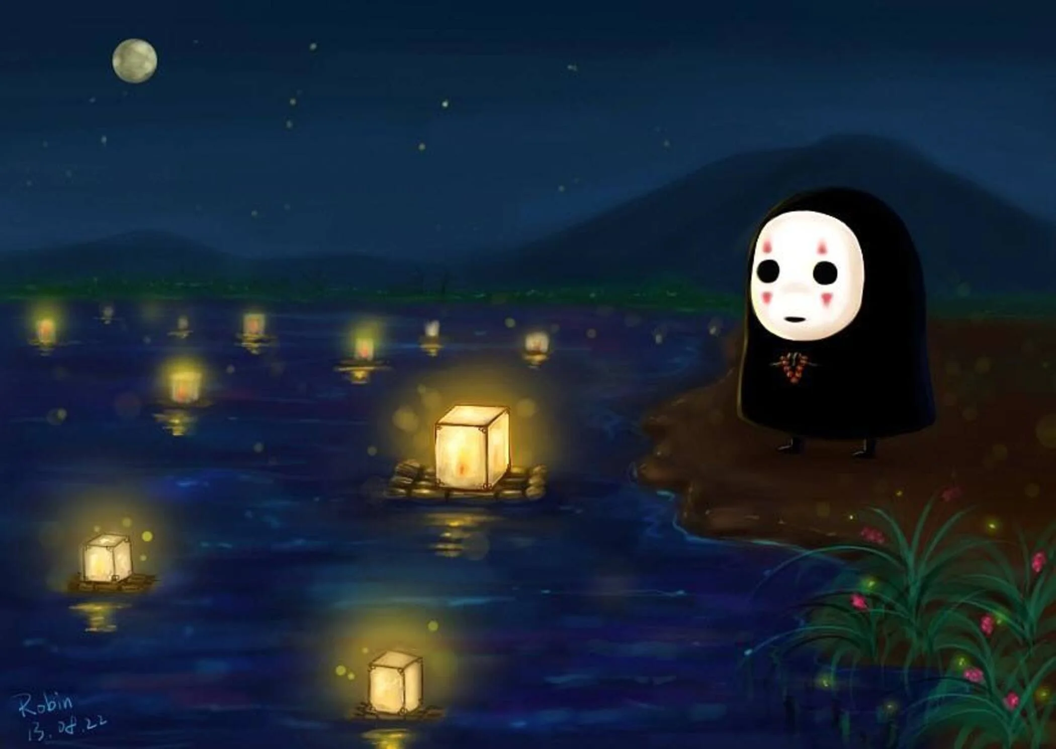 Hình nền chill với Vô Diện đứng bên hồ đêm, đèn lồng phát sáng trên mặt nước, núi non và ánh trăng huyền ảo