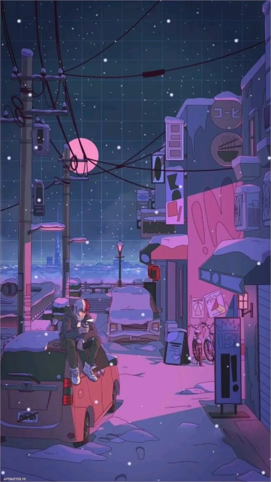 Hình nền chill phong cách cyberpunk với con phố đô thị rực ánh đèn tím xanh vào ban đêm