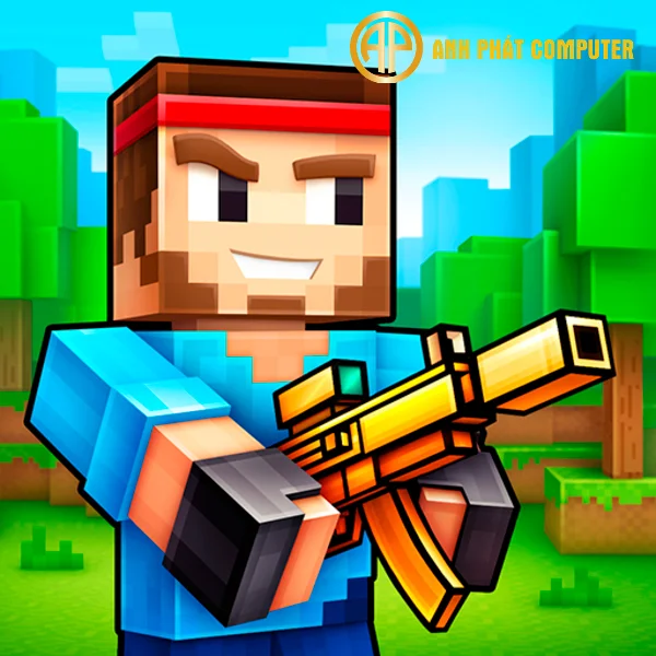 Nhân vật phong cách voxel cầm súng trường trong bối cảnh game bắn súng pixel ngoài trời