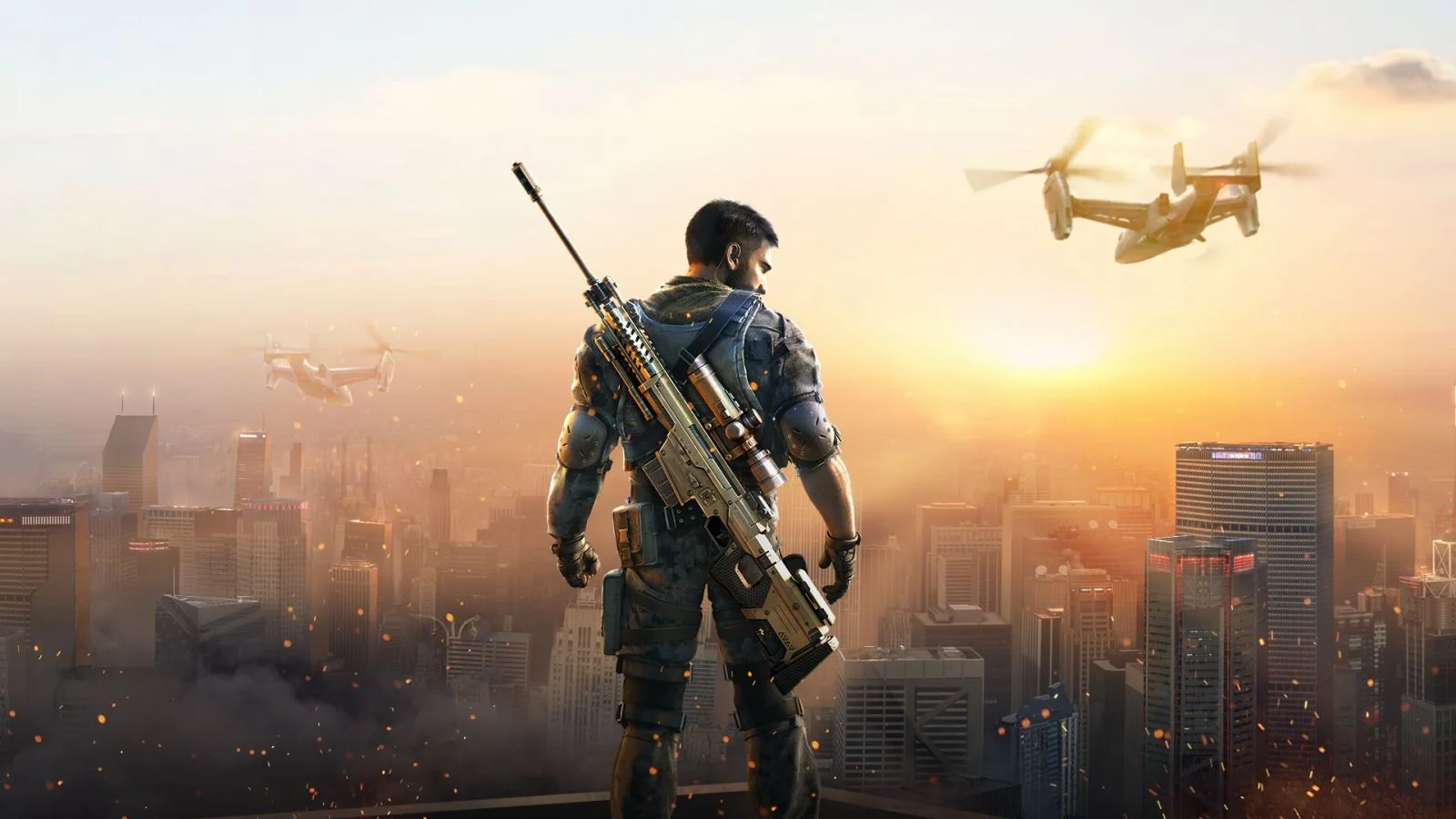 Hình ảnh game bắn súng với chiến binh mang súng trường đứng trên nóc tòa nhà nhìn ra thành phố lúc hoàng hôn