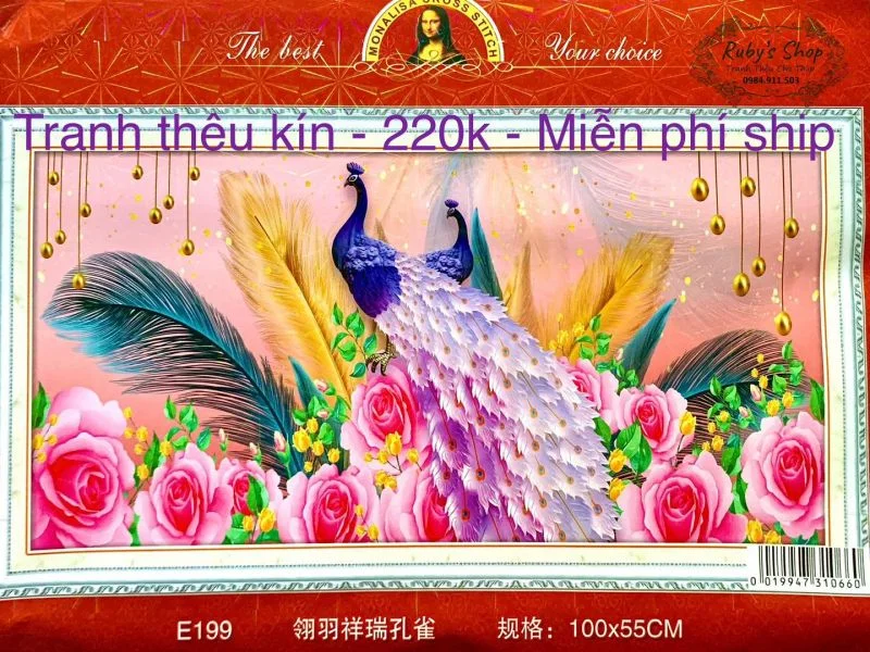 Tranh thêu chữ thập chim công rực rỡ