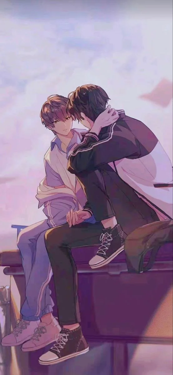 Hình ảnh anime đam mỹ lãng mạn với hai chàng trai đang tựa vào nhau đầy tình cảm