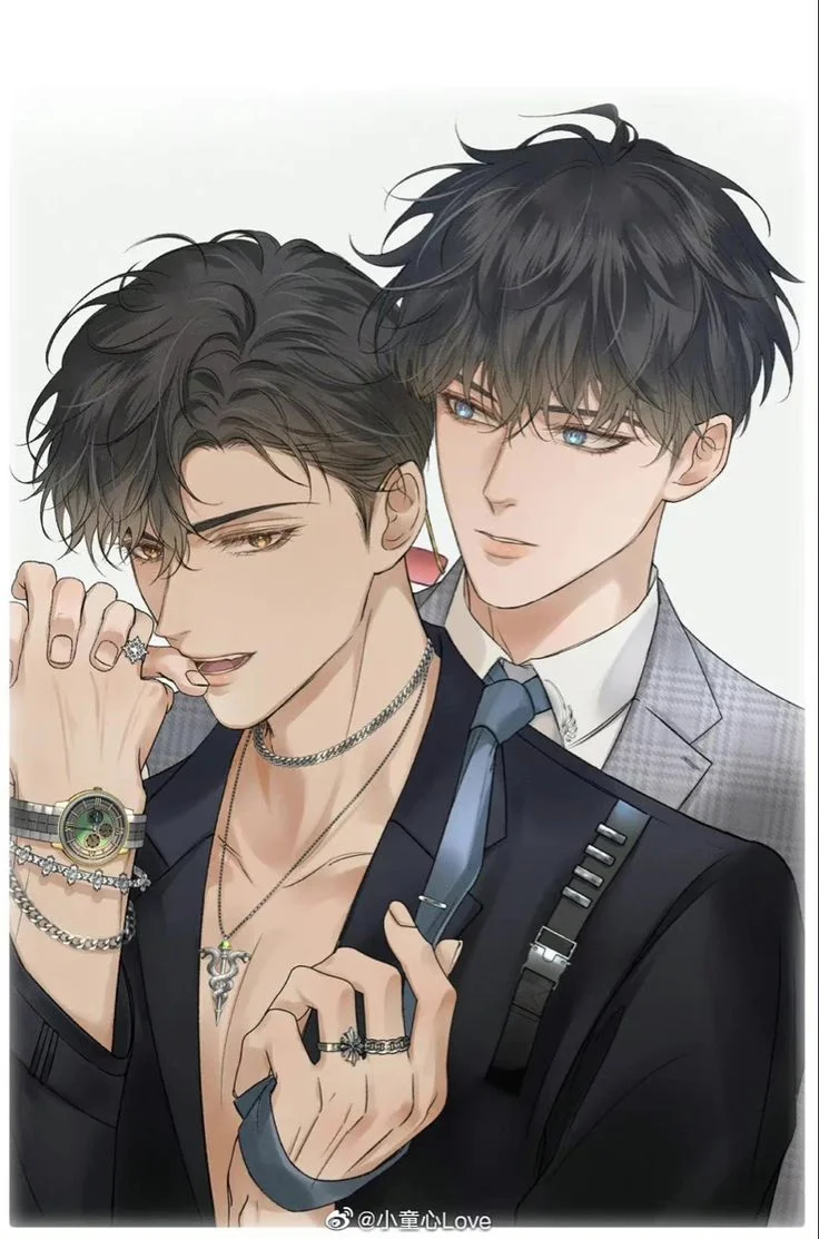 Hình ảnh anime đam mỹ với hai chàng trai đẹp đôi trong trang phục lịch lãm.