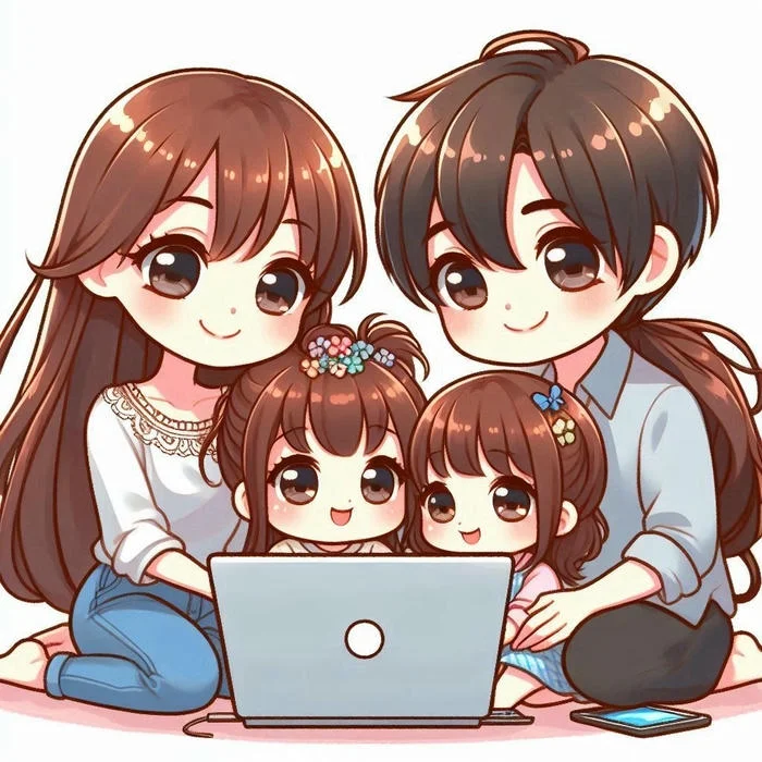Ảnh gia đình chibi xem máy tính bảng quây quần ấm áp