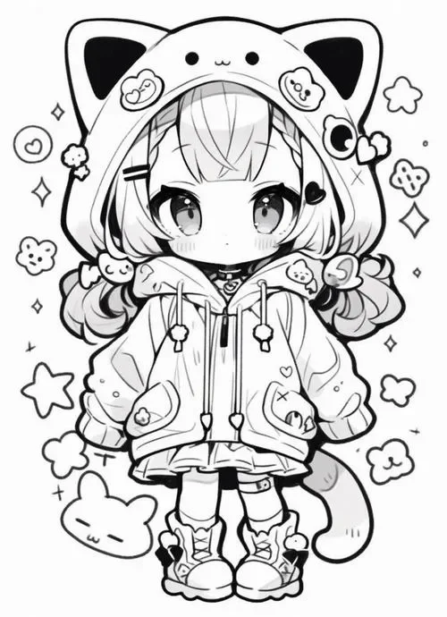 Tranh tô màu cute cô bé đội mũ mèo