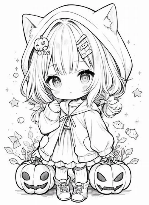 Tranh tô màu cute bé gái và bí ngô Halloween