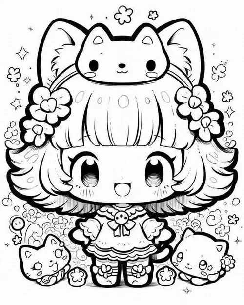 Tranh tô màu cute cô bé đội mũ tai mèo