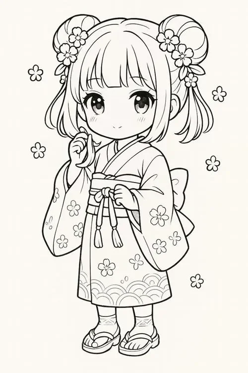 tranh tô màu cute bé gái mặc kimono