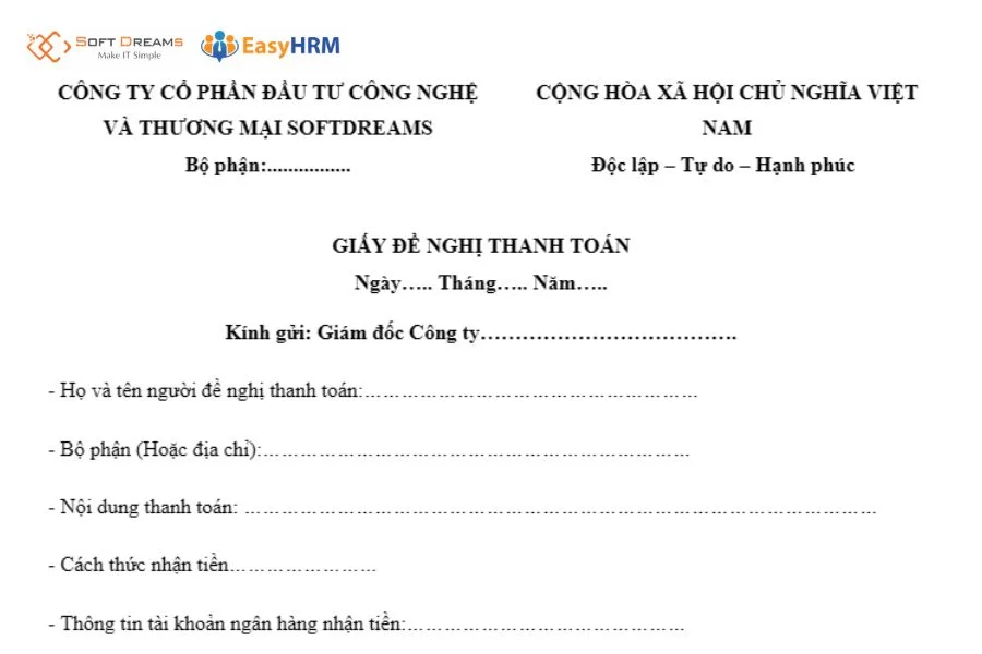 Mẫu giấy đề nghị thanh toán nội bộ doanh nghiệp