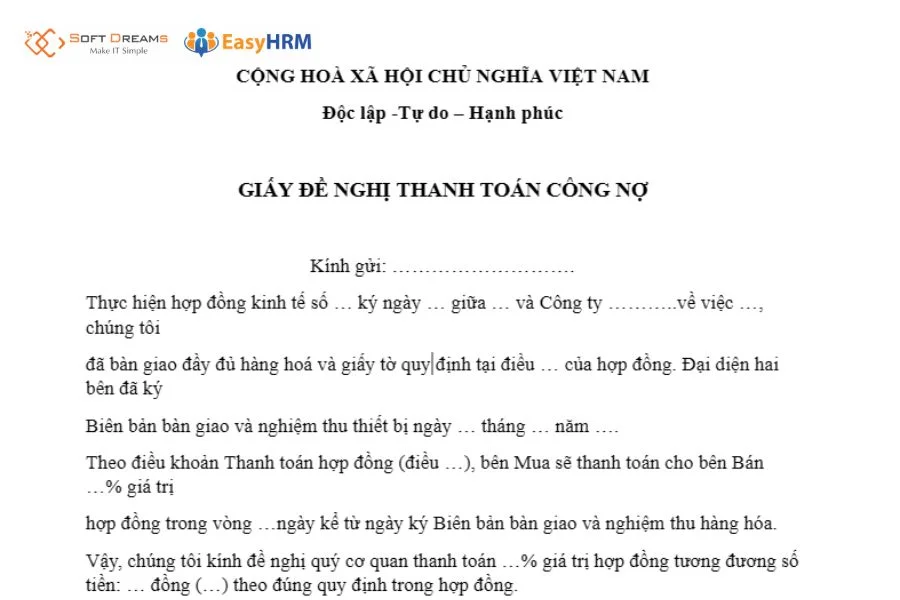 Mẫu giấy đề nghị thanh toán công nợ