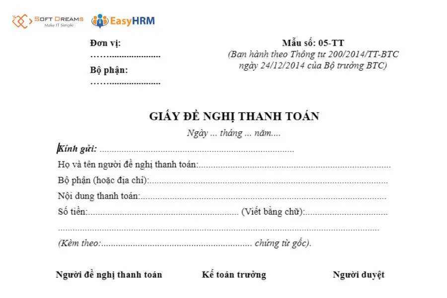 Mẫu giấy đề nghị thanh toán 05-TT