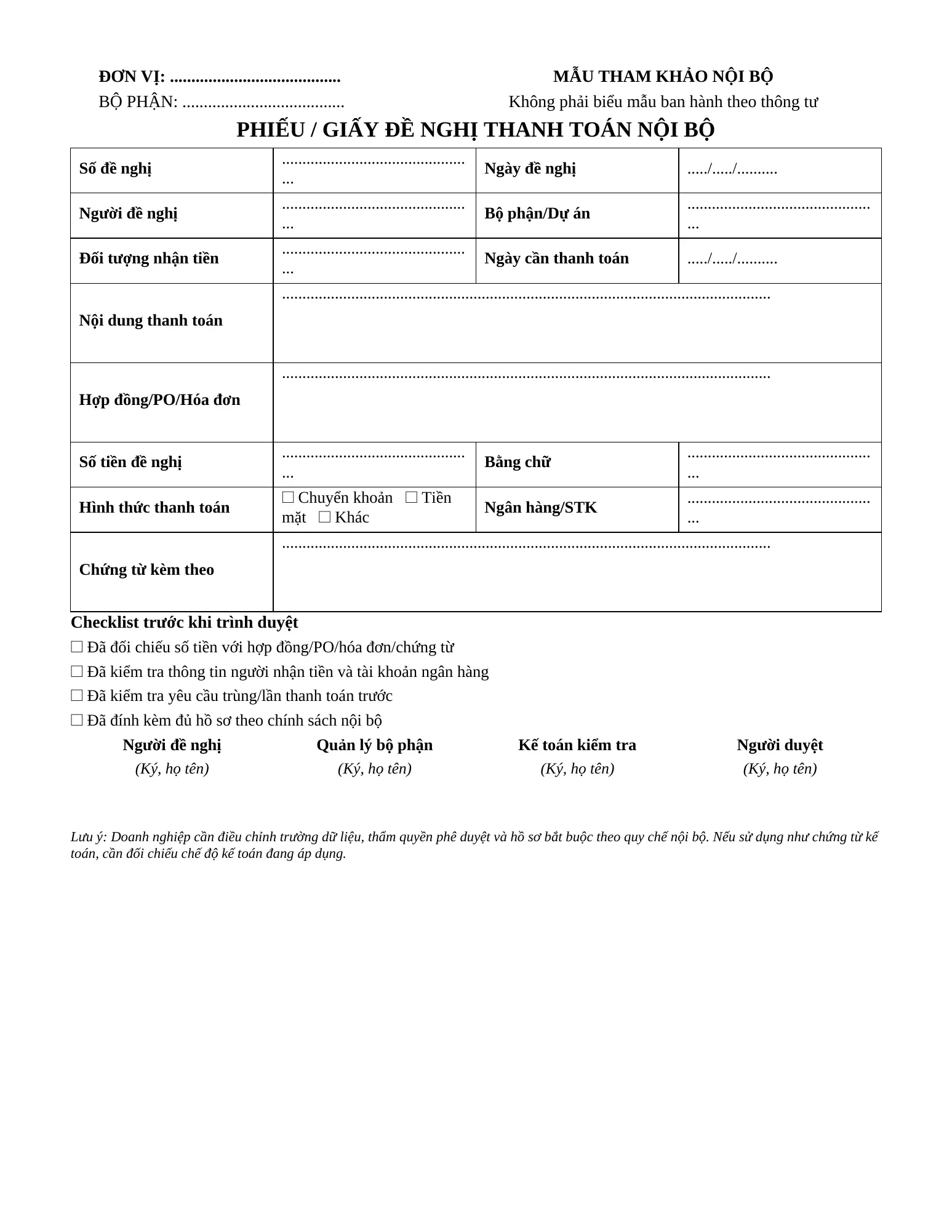 Mẫu đề nghị thanh toán nội bộ có trường hợp đồng hóa đơn và checklist duyệt