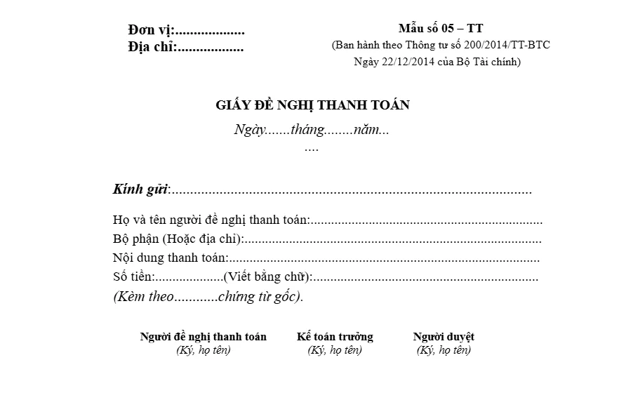 Mẫu giấy đề nghị thanh toán theo Thông tư 200
