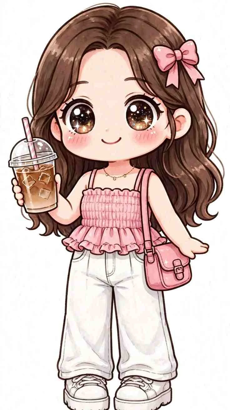 hình ảnh cute nữ chibi cầm ly trà sữa