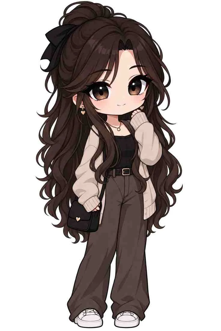 hình ảnh cute nữ phong cách anime chibi với mái tóc dài bồng bềnh và trang phục thời trang